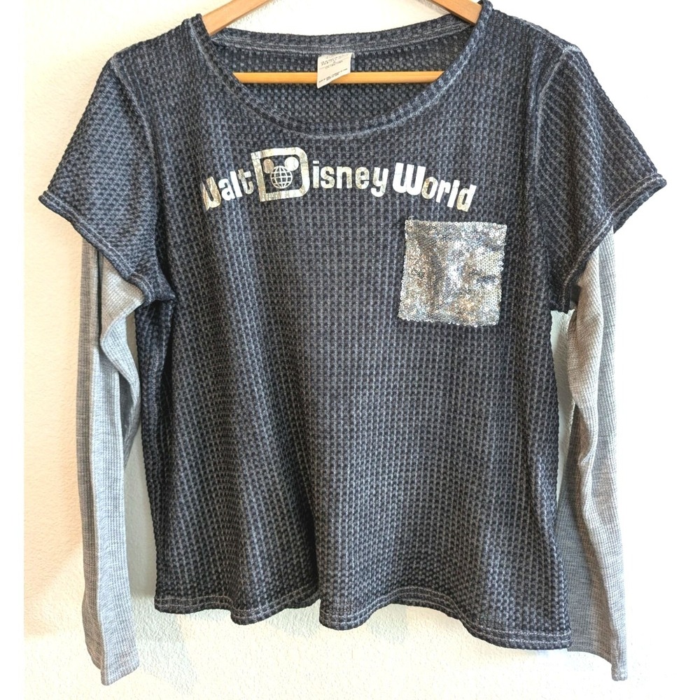Walt Disney World Disney Parks Thermal Waffle Knit Top XL Sequin Pocket Y2K